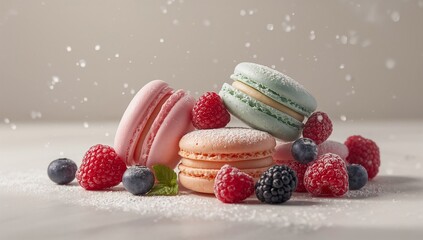Luxury Macarons with Fresh Berries and Powdered Sugar on Minimal Background