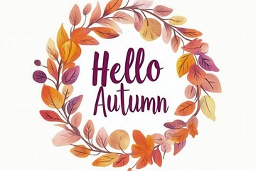 Hello autumn wreath with colorful fall leaves on white background