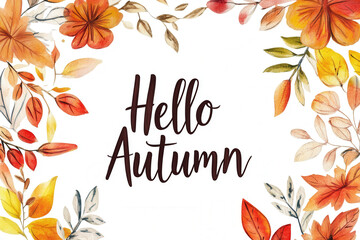 Colorful autumn leaves frame with handwritten hello autumn text