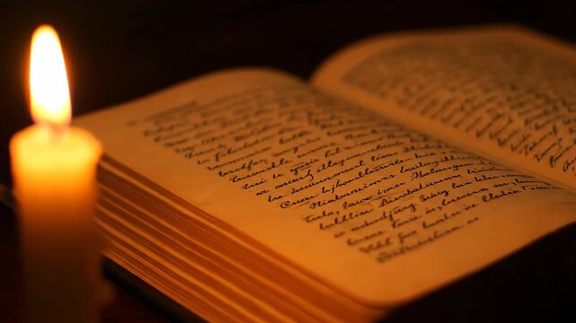 An old book with handwritten text illuminated by candlelight. Close-up of a flickering flame on an antique manuscript in the dark. Historical study and literature concept