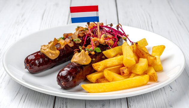 Dutch frikandel sausage served with French fries and joppie sauce on a plate. Classic fast food meal captured in a studio setting with flash photography, isolated on a white background. Tasty, two, ad