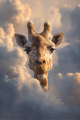 Giraffe peeking out of dramatic clouds in sky, surreal and fantasy wildlife composition