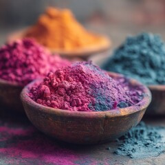 Vibrant pigments: purple, orange, blue powders in wooden bowls