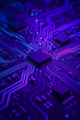 Macro view of a modern circuit board with neon purple and blue light traces, symbolizing technology, AI, and innovation..