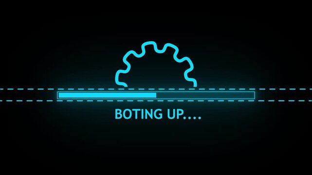 Progress Bar with Gear Icon and Booting Up Text on Black Background loading startup