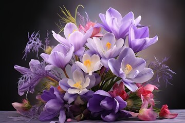 Bouquet of purple crocuses in composition on dark background, floral still life
