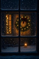 Cozy winter scene viewed through frosty window with snowfall, warm lights, a Christmas wreath, and a glowing candle..