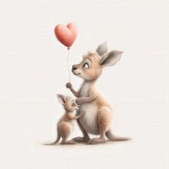 Cute kangaroo parent and child holding heart balloon illustration