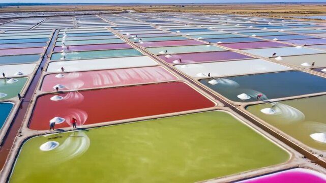 Aerial View of Colorful Salt Evaporation Ponds in Yuncheng, China.