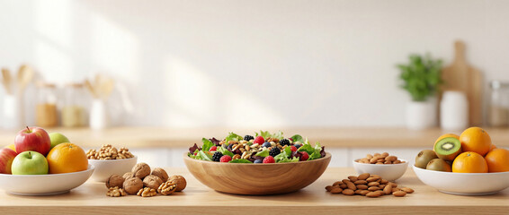 Fresh fruit and nut salad on kitchen table with colorful ingredients including apples, oranges, kiwis, and walnuts. Vibrant fruit and nut salad arrangement promotes healthy lifestyle and tasty eating.