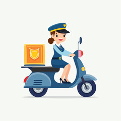 Dedicated female police officer riding a blue scooter and delivering a secure package, on an isolated white background.