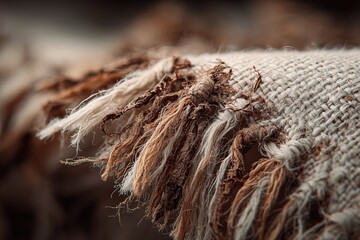 Macro shot of frayed brown and beige fabric with fringe, natural textile texture