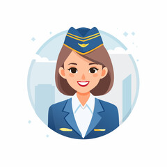 Friendly female flight attendant smiling warmly, in a circular frame with an abstract city background, on an isolated white background.