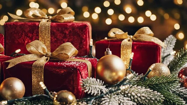 Festive Christmas Presents with Golden Accents - This video showcases several red velvet Christmas presents tied with elegant gold ribbons, arranged amongst snow-dusted pine branches and shimmering