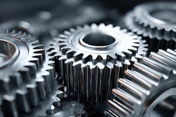Industrial metal gears and cogwheels close-up, precision mechanics and engineering concept