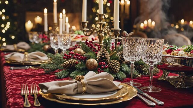 Festive Christmas Dinner Table Setting - A beautifully set Christmas dinner table features elegant glassware, gold-rimmed plates, and linen napkins with gold rings.