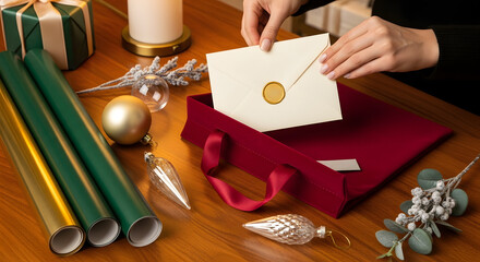 Holiday gift preparation with decorative elements and wrapping supplies  