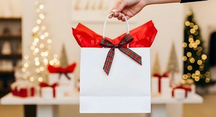 Hand holding white gift bag with red bow in festive holiday setting  