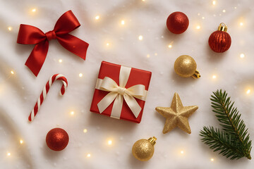 Top view of red gift box with ribbon, gold baubles, candy cane, bow, and festive lights on snowy fabric background..