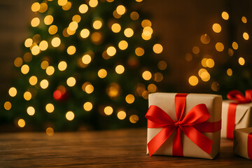 Wrapped gift box with red ribbon placed in front of a glowing Christmas tree with bokeh golden lights in the background..