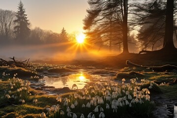 White snowdrops in the forest at sunrise