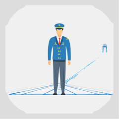 Professional male pilot standing confidently in a blue uniform, with a stylized road graphic background, on an isolated white background.