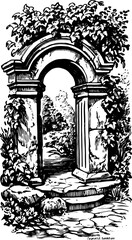 Ornate archway with vines and foliage. Detailed black-and-white vector illustration of a stone gate in a lush garden setting featuring natural scenery.