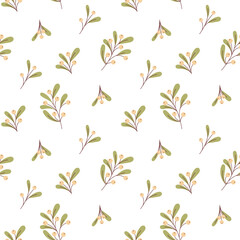 Mistletoe seamless pattern with elegant winter greenery and soft berries on white background