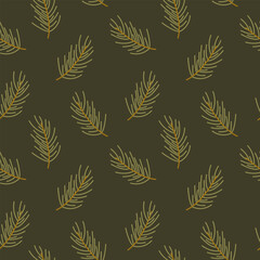 Pine branch seamless pattern with elegant winter greenery on dark background for seasonal decor and packaging
