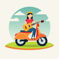Free-spirited female musician riding an orange scooter and playing a guitar, enjoying an artistic outdoor journey, in an outdoor setting with clouds and grass.