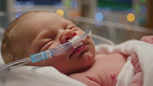 Newborn in Neonatal Intensive Care Unit - A close-up shot of a newborn baby sleeping in a neonatal intensive care unit with a breathing tube. Medical equipment is visible in the blurred background.