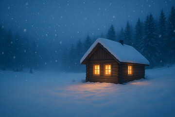 Snow gently falls around a warmly lit wooden cabin nestled in a dark forest, creating a peaceful winter night scene..