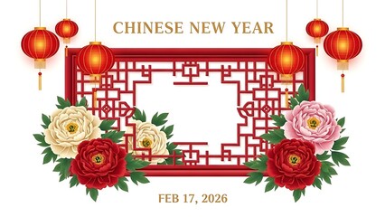 Elegant chinese new year decoration with red lanterns flowers and traditional lattice window frame