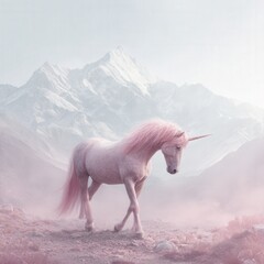 Enchanted pink unicorn in misty mountain landscape