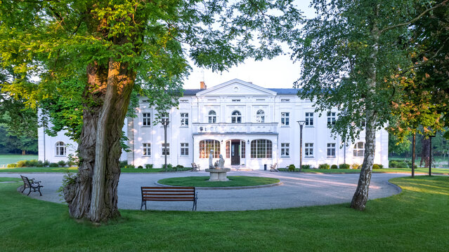 Swadzim, Poland - May 21, 2025. Chestnut Palace ("Kasztanowy Palac") in a picturesque spring setting.
