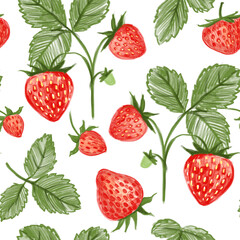 Strawberry berry, seamless pattern, set of hand-drawn illustrations, pencil drawing