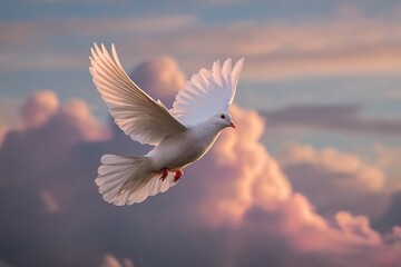 White dove with spread wings flying among pink clouds at dawn, symbol of peace and hope