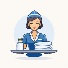 Friendly female flight attendant holding a tray with water and towels, offering attentive airline service, in a bright studio with a light blue circle background.