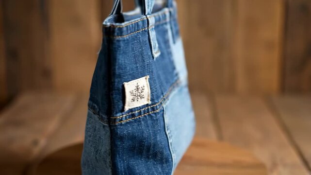 Handmade tote bag made from recycled patchwork denim rotates slowly. Close-up of a unique, upcycled accessory on a wooden background. Sustainable and eco-friendly slow fashion concept