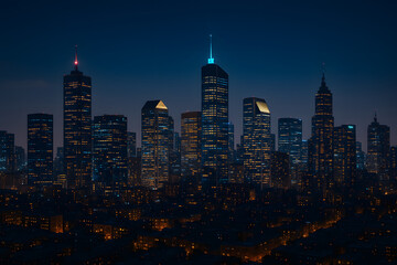 Skyscrapers glowing in the night with hundreds of lights, showcasing a modern urban cityscape under a dark blue sky..