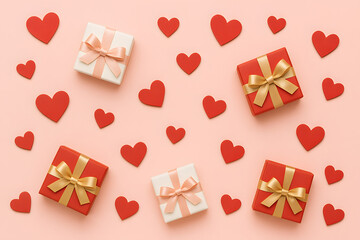 Flat lay of Valentine&rsquo;s day gift boxes with ribbons surrounded by red heart shapes on a soft pink background..