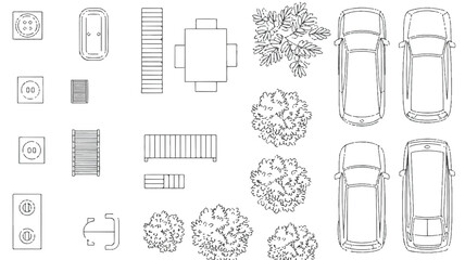 House plan and cars with trees icons set