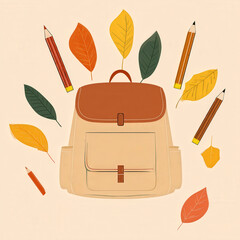 Autumn backpack surrounded by pencils and colorful leaves