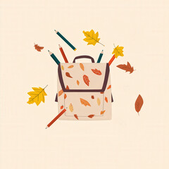 Autumn backpack with falling leaves and pencils on beige background