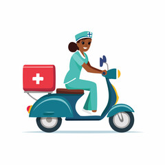 Dedicated female doctor or nurse riding a blue scooter with a red medical cross box, providing mobile healthcare services, on an an isolated white background.