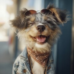 Happy dog in sunglasses and denim jacket