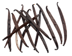 Dry, dark brown, aromatic pods scattered on black