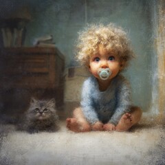 Curly-haired caucasian baby with pacifier beside fluffy gray kitten in cozy room
