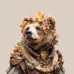 Regal bear adorned in ornate autumnal attire with leaf garland