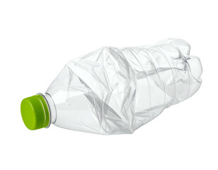 Crushed empty plastic bottle with green cap